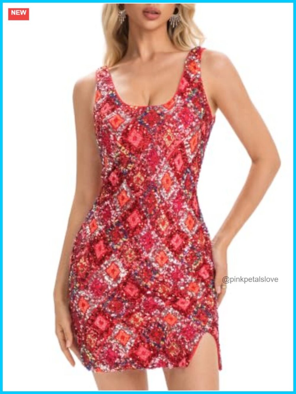 Sequin Mini Dress Square Neck Wide Strap Fitted Party Club Cocktail